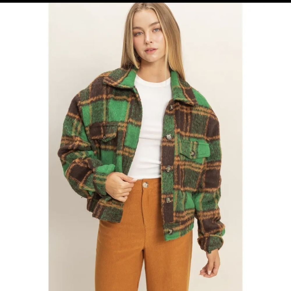 HYFVE Fuzzy Mohair Plaid Green and Brown Women's Jacket S, M, L